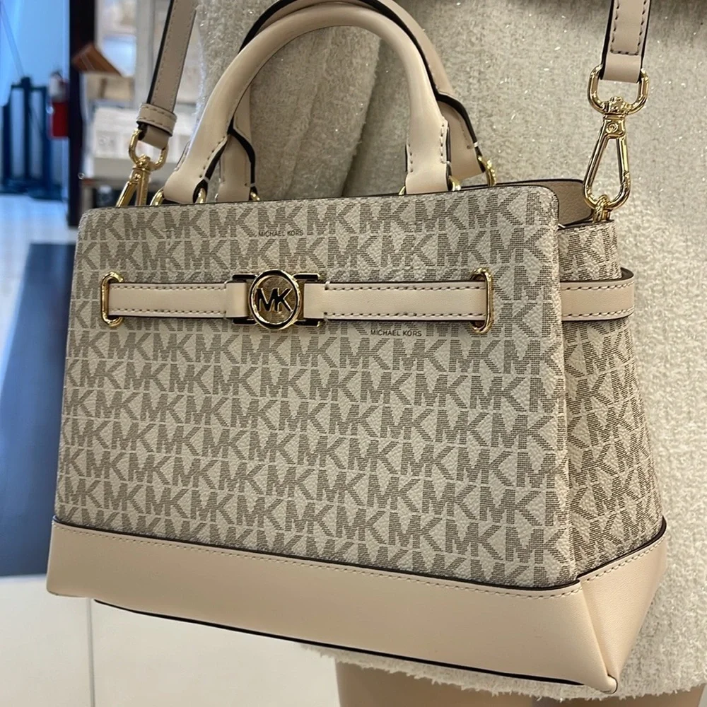 Michael Kors Reed Sm Belted Logo Satchel Crossbody CZip Bag Lt Cream Multi NWT